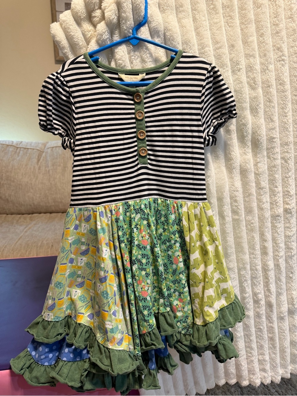Matilda Jane Black-and-White Stripe Top with Green Multi-Print Ruffle Skirt